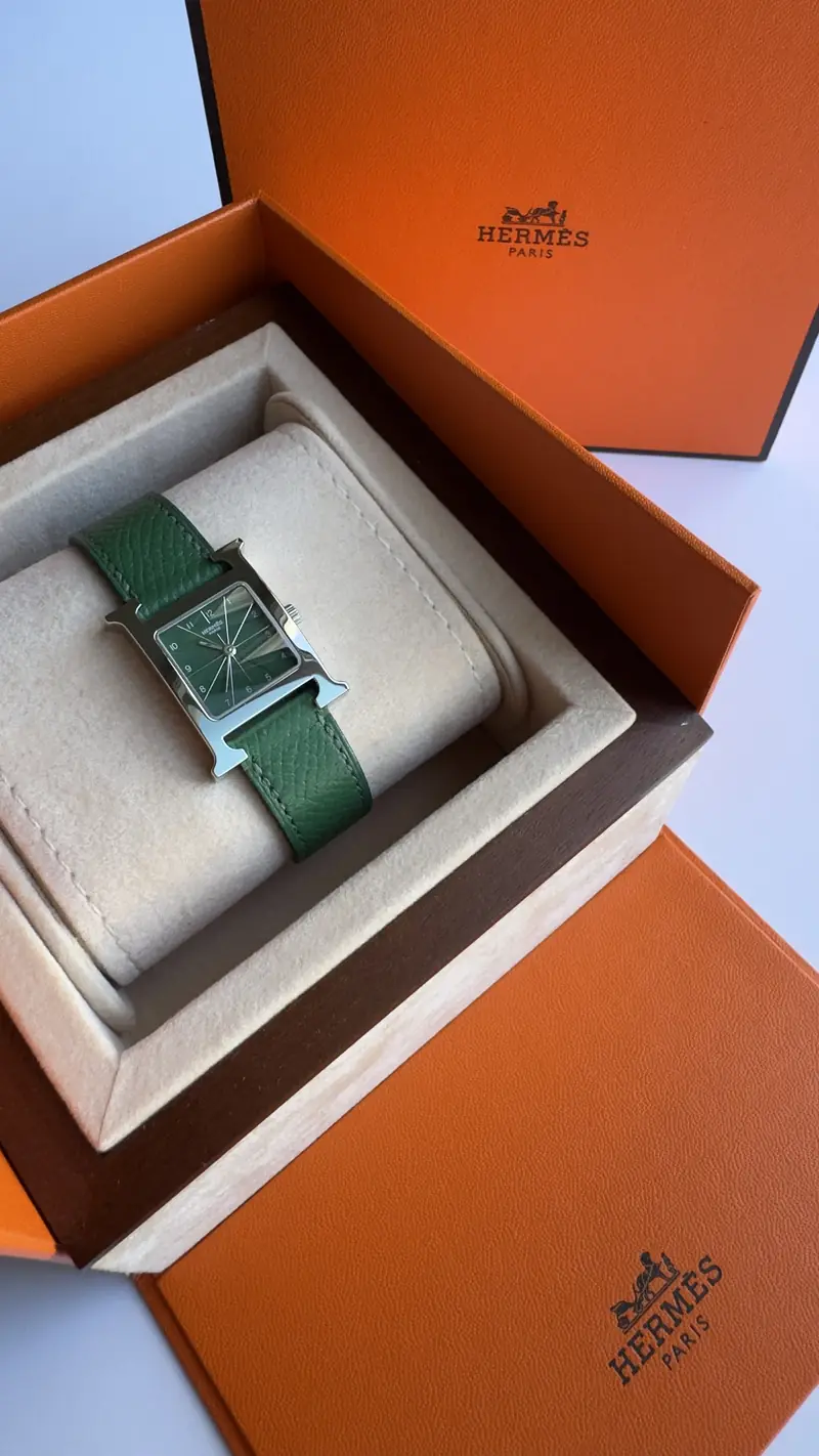 Classic Hermès H Watch with Green Leather Strap