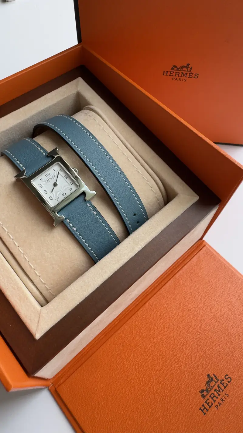 Hermes Small Double Tour Ladies Watch with Bleu Jean Strap