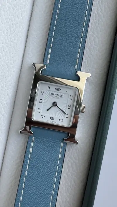 Hermes Small Double Tour Ladies Watch with Bleu Jean Strap 2