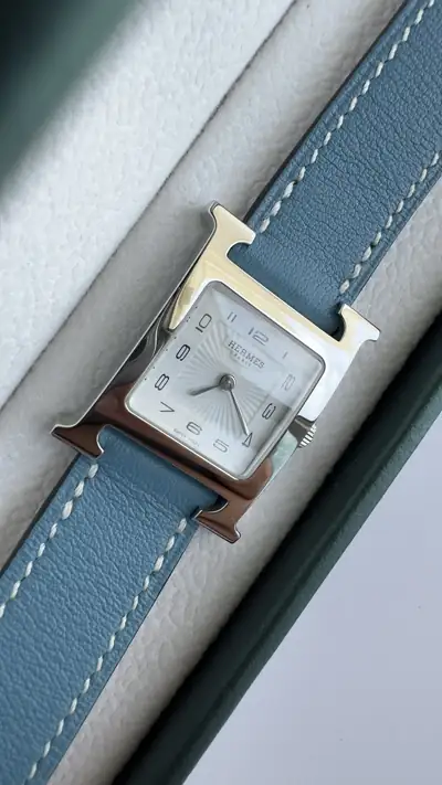 Hermes Small Double Tour Ladies Watch with Bleu Jean Strap 4