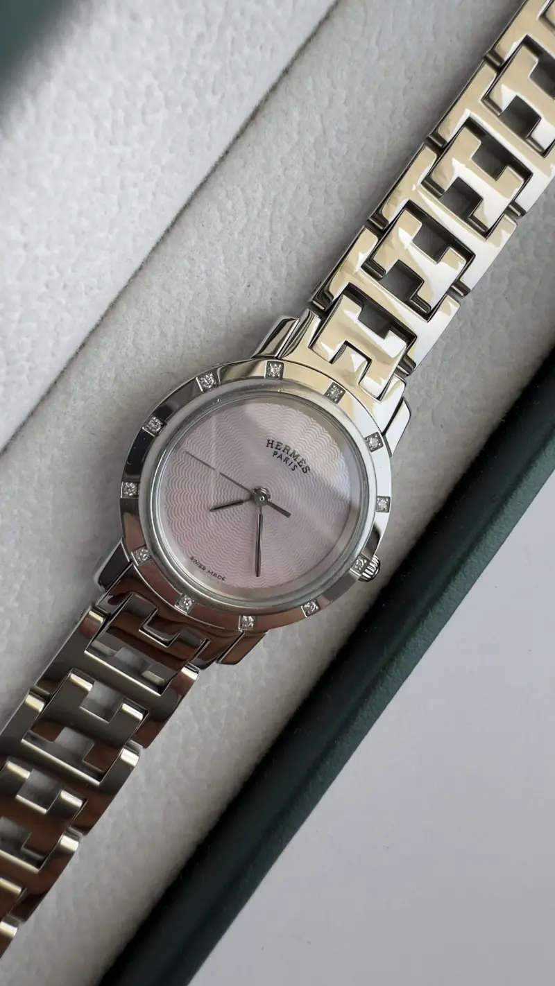 Elegant Hermes Clipper Diamond Bezel Pink Dial Watch — image 6