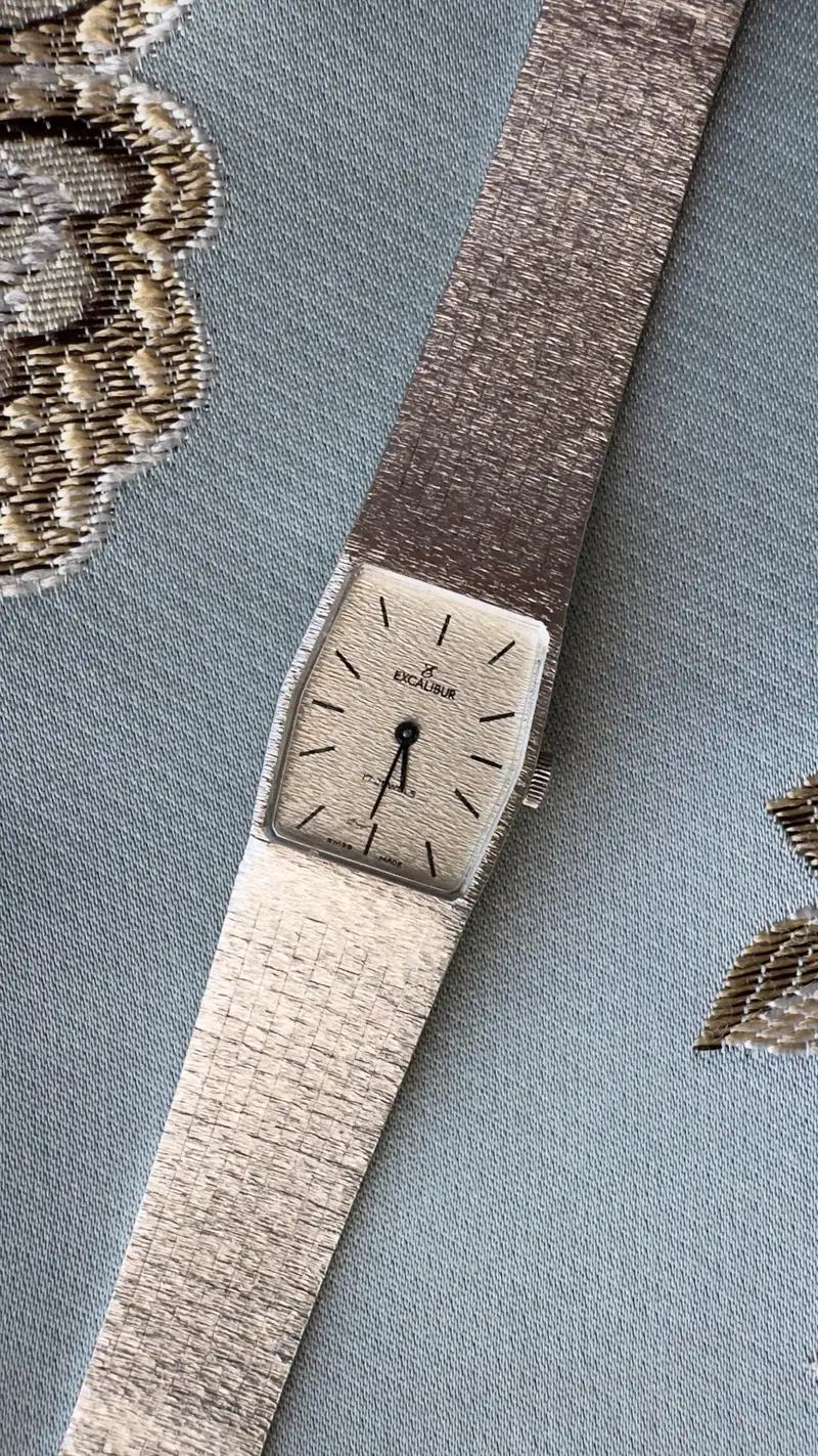 Excalibur Rectangular Textured Silver-Tone Bracelet Watch