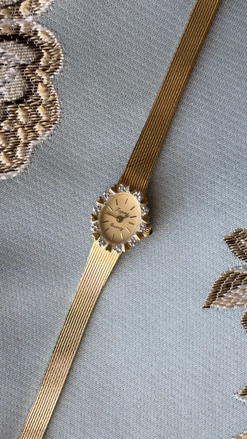 Topaz Diamond & Heart Bezel Oval Mesh Bracelet Watch