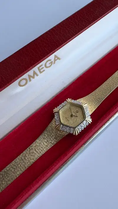 Omega 14K Solid Gold Diamond-Set Hexagonal Watch 1