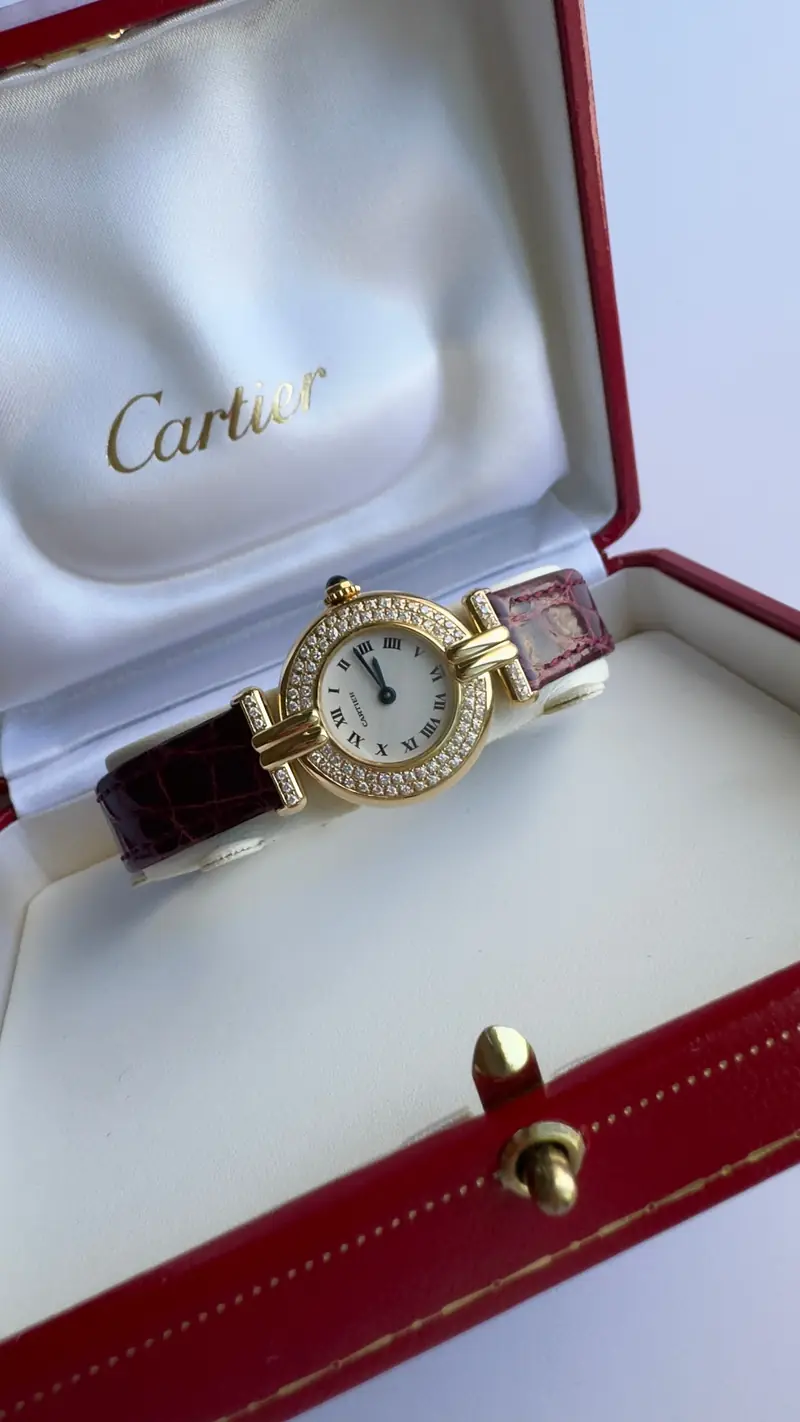 Cartier 18K Yellow Gold Diamond Watch with Burgundy Strap
