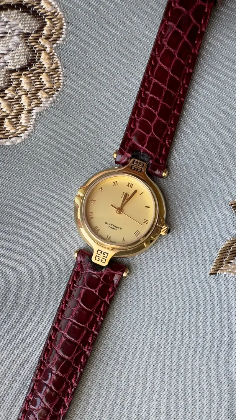 Givenchy Round Gold-Tone Watch with Burgundy Strap